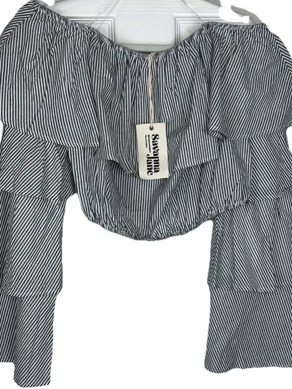 Savanna Jane black and white stripe ruffle bell sleeve crop top